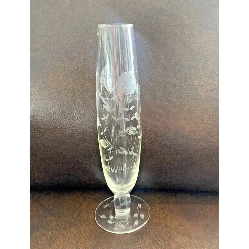Vintage Crystal Etched Clear Glass Bud Vase Footed